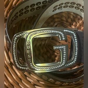 Vintage Guess Leather Dark Brown Belt with Silver jeweled logo buckle